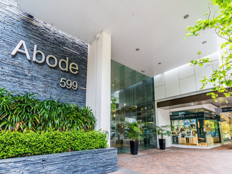 Abode Apartments entrance at 599 Pacific Highway, St Leonards