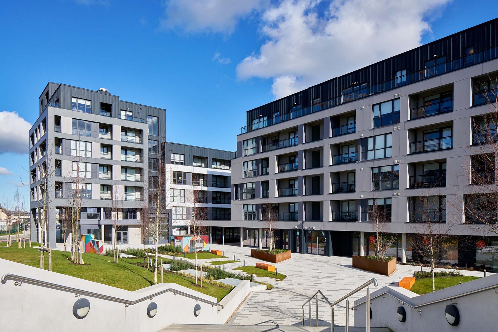Apartment buildings and landscaped courtyard at Hansfield, Dublin