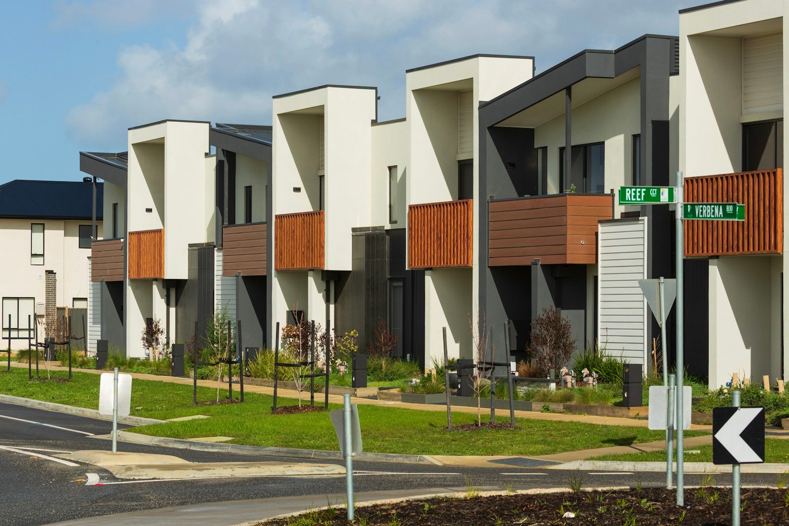 Representative image: Modern townhouses with geometric designs on a street